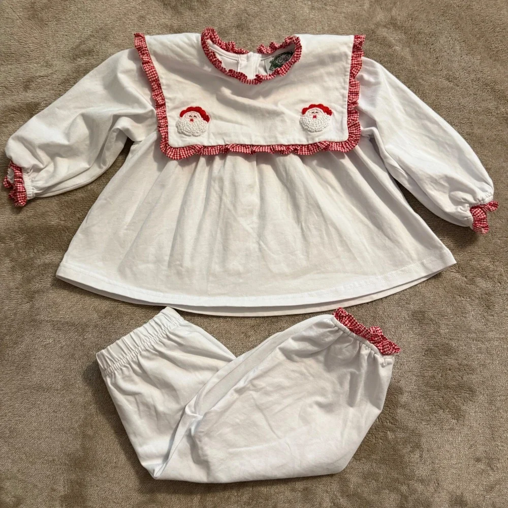 Cecil and Lou Kids Christmas Santa Gingham Ruffle Pajama Set White Red 18M